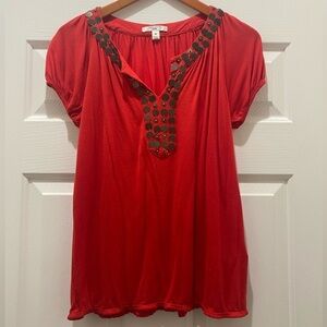 2/$15 🤣 Burnt Orange Blouse with Copper Metal Detail, M